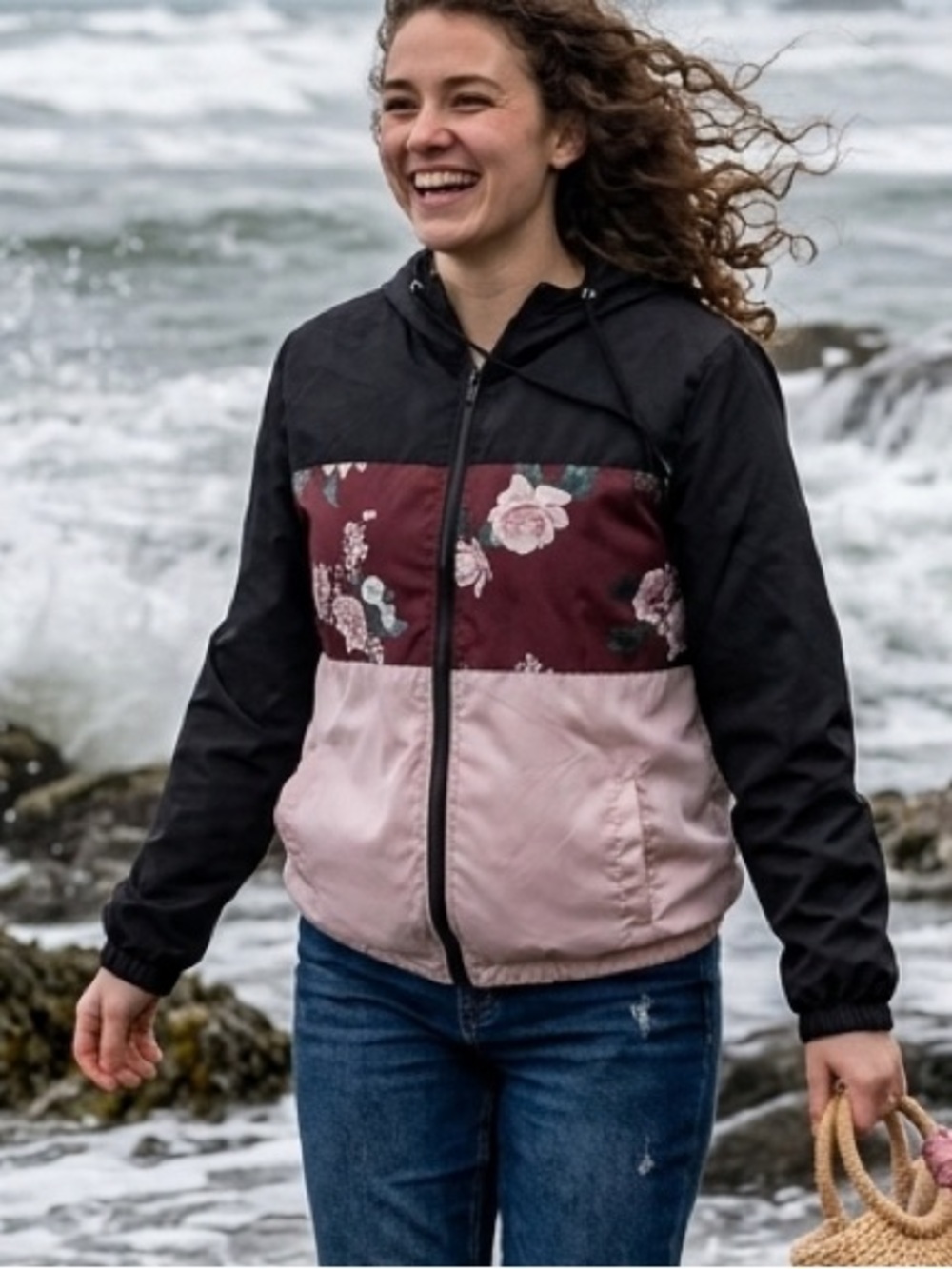Justify Floral Colorblock Hooded Windbreaker Coquette Dopamine Dressing Boho L